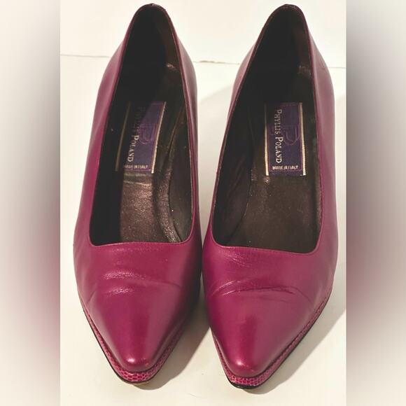 PHYLLIS POLAND 90’s DESIGNER BURGUNDY PINK PUMPS Stunning Snake Heels Edges 8B - Picture 7 of 14